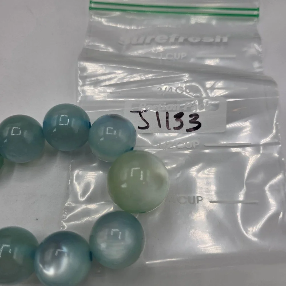 Seafoam Green Blue Cat Eye Graduated Bead Necklace Silver Tone Adjustable Clasp